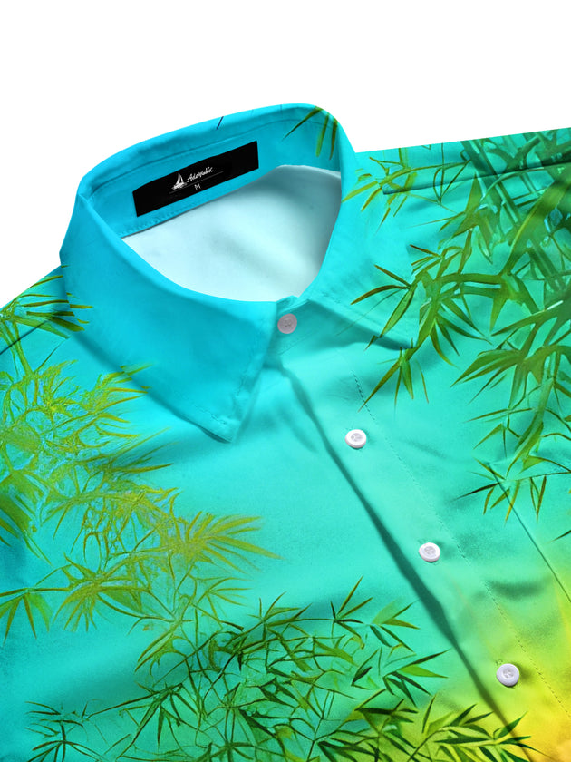 Men's bamboo forest crane sunset landscape pattern pocket half sleeve shirt side view