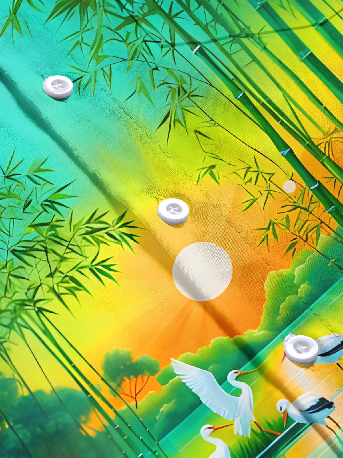 Bamboo Forest Crane Sunset Landscape Men's Pocket Short Sleeve Shirts