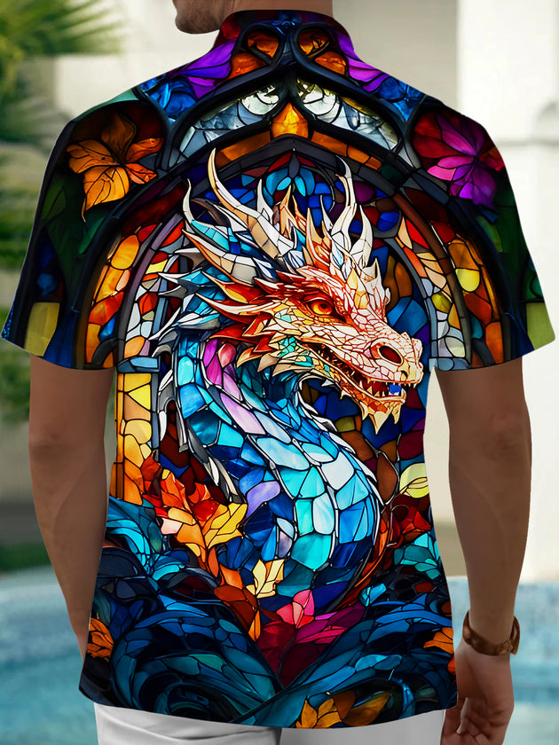 Men's colorful dragon print pocket short sleeve shirt back view