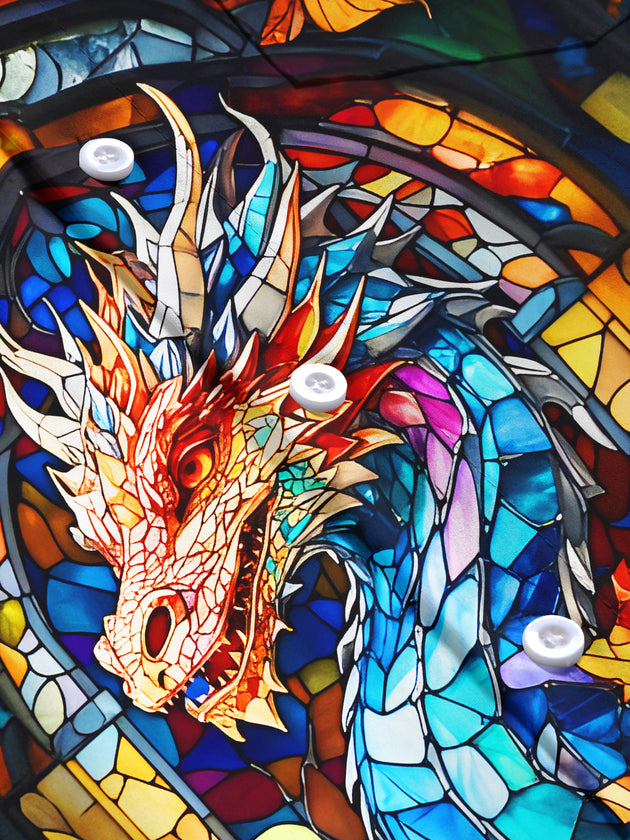 Men's colorful dragon print short sleeve shirt flat lay pattern detail
