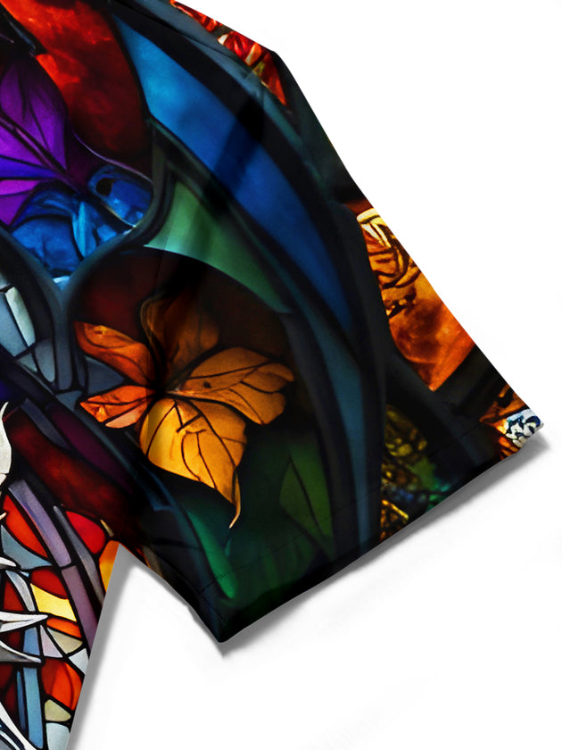 men's colorful dragon print shirt close-up short sleeve