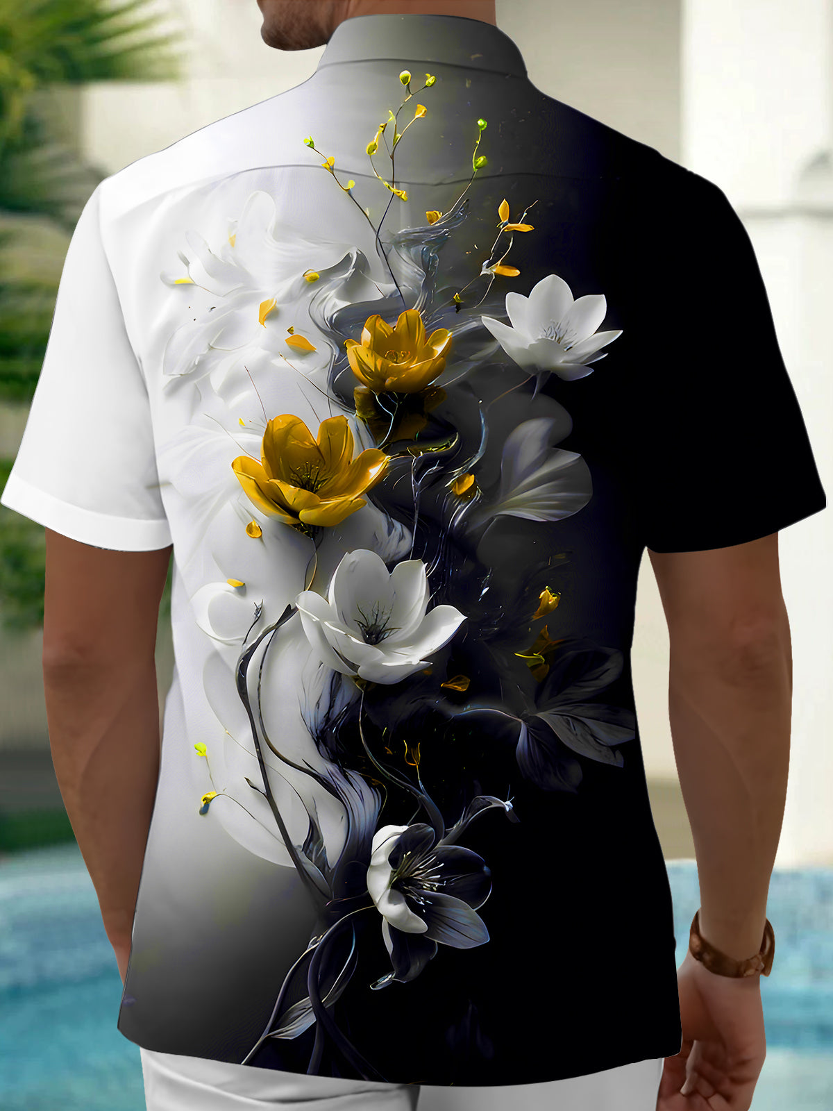 Art Black White Gradient Floral Men's Pocket Short Sleeve Shirts