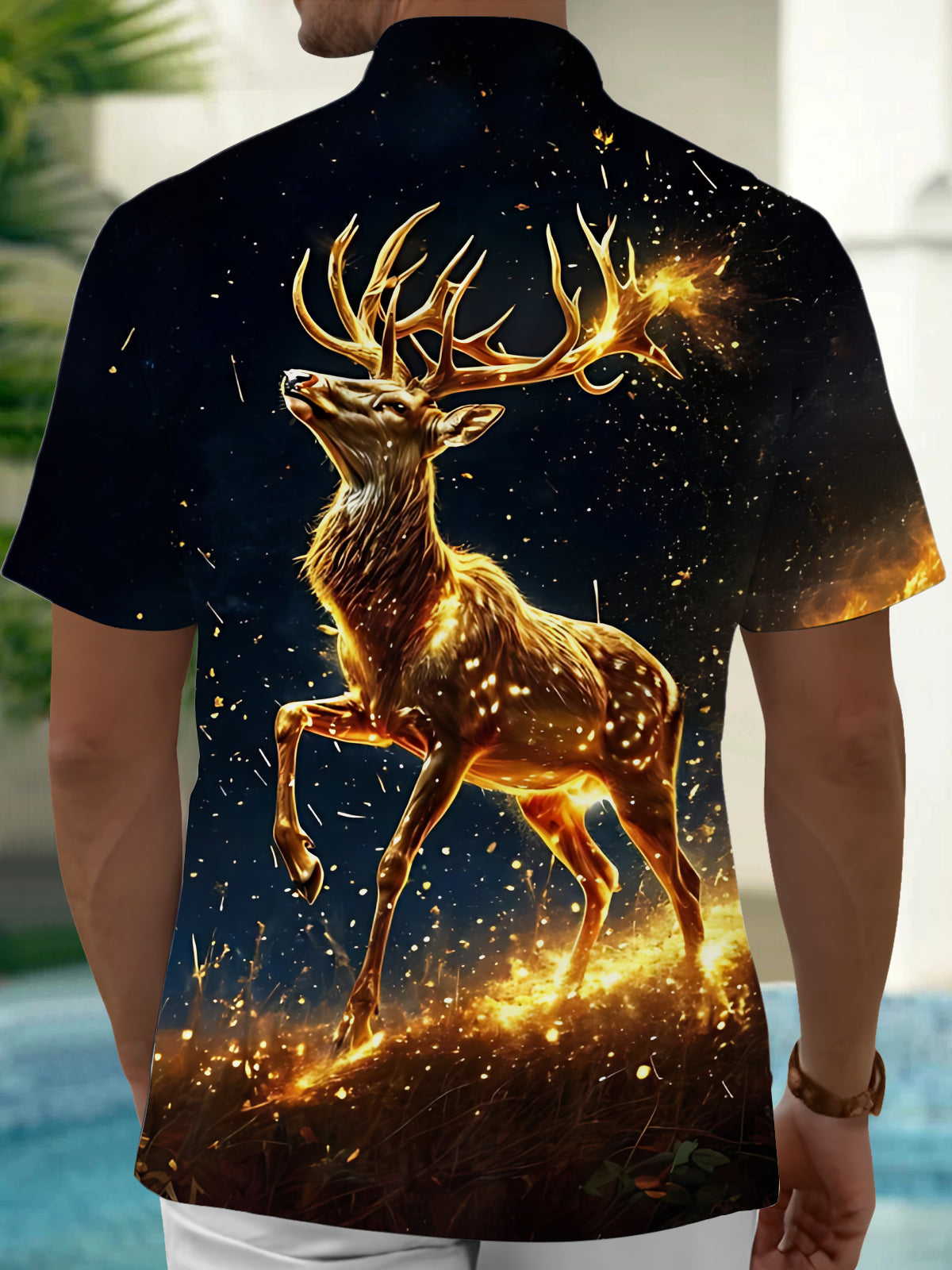Golden Elk Print Men's Pocket Short Sleeve Shirts
