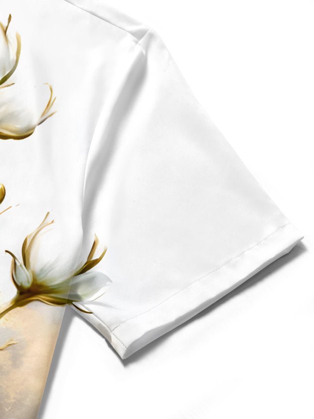 Men's floral short sleeve shirt close-up detail view