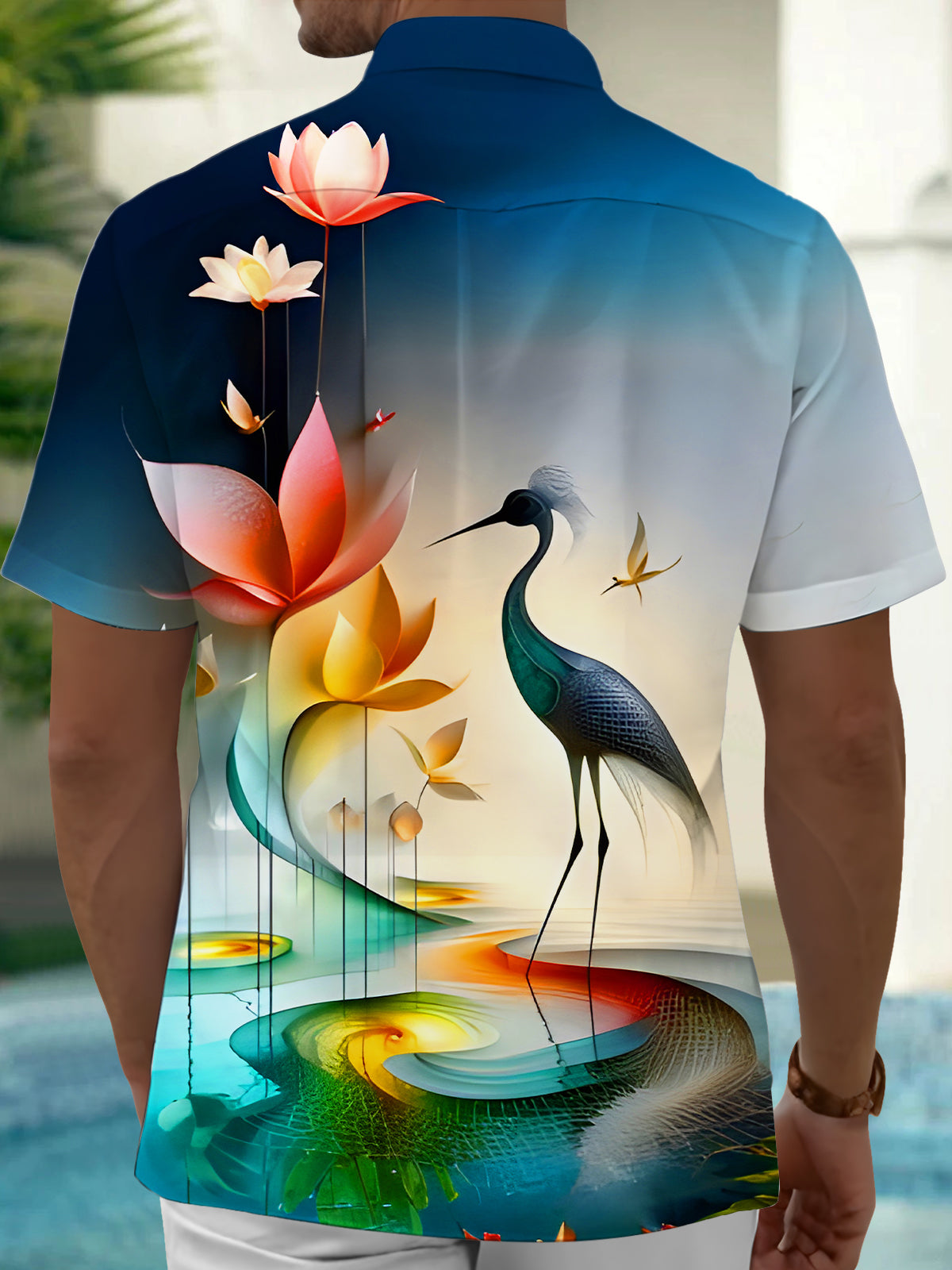 Crane Lotus Floral Men's Pocket Short Sleeve Shirts