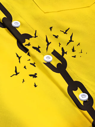 Men's short sleeve shirt with art flying birds silhouette pattern, close-up detail view