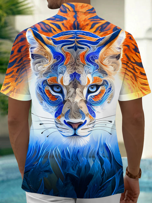 Men's Gradient Tiger Print Back View Short Sleeve Pocket Shirt