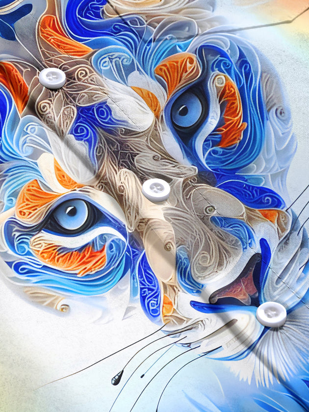 Men's art gradient carving tiger pattern pocket short sleeve shirt flat lay