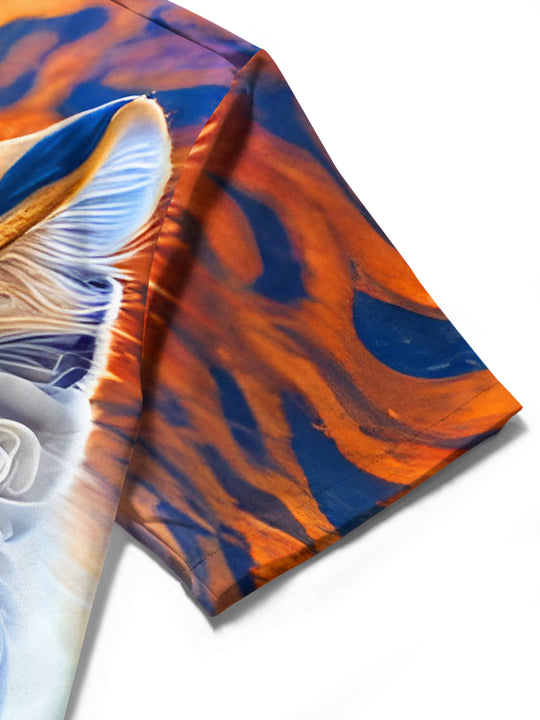 Men's art gradient carving tiger short sleeve shirt close-up detail texture