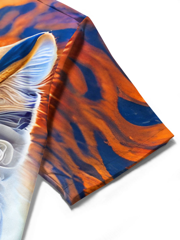 Men's art gradient carving tiger short sleeve shirt close-up detail texture