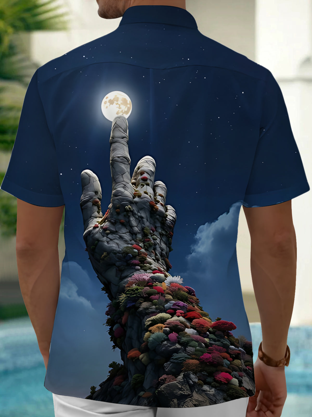 Moon Stone Hand Art Print Men's Pocket Short Sleeve Shirts