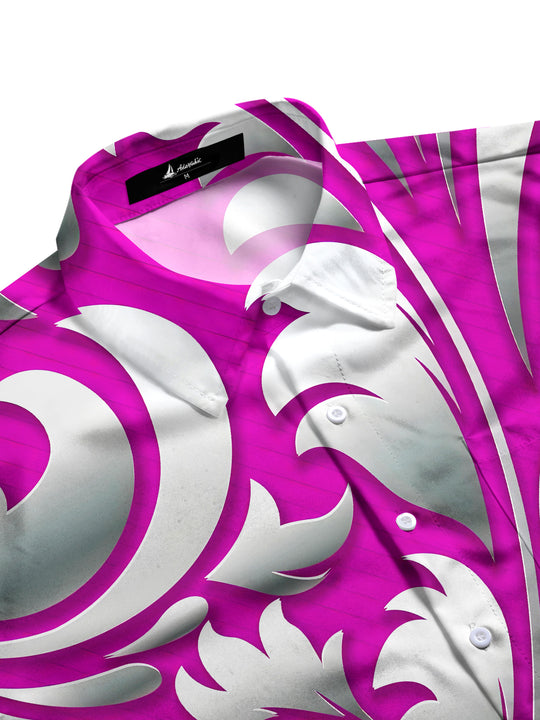 Men's long sleeve floral shirt, side view showing full sleeve and botanical print.