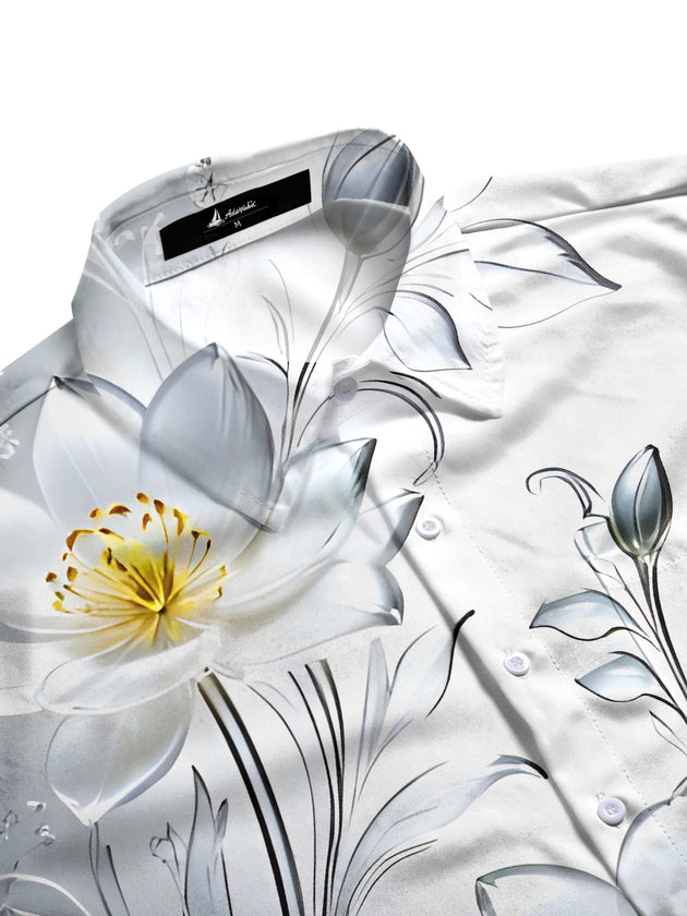 Men's floral short sleeve shirt flat lay view showing pattern details