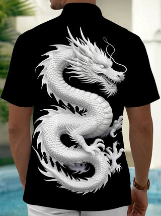 Men's dragon print short sleeve shirt close-up fabric texture detail