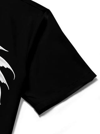 Men wearing dragon print short sleeve shirt outdoor lifestyle