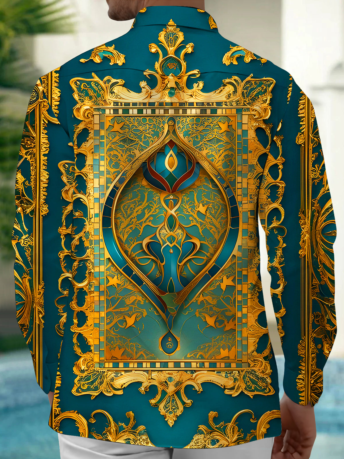 Art Golden Teardrop-Shaped Floral Men's Pocket Long Sleeve Shirts