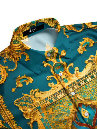 Men's golden teardrop floral long sleeve shirt side view with botanical print