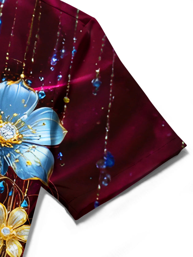 Men Art Floral Pocket Short Sleeve Shirt Close-Up Detail View