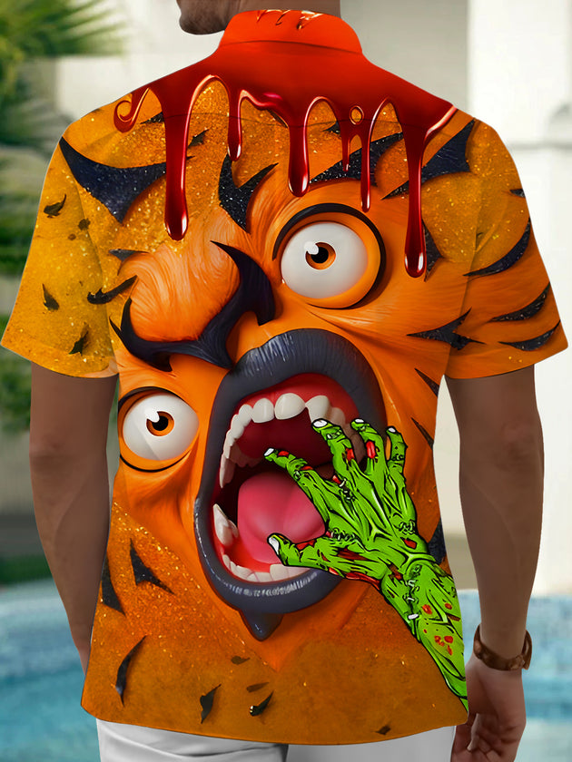 Men's Halloween screaming monster bat short sleeve shirt back view
