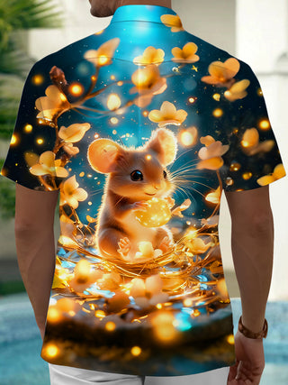 Men's floral short sleeve shirt back view with glowing mouse magic ball print