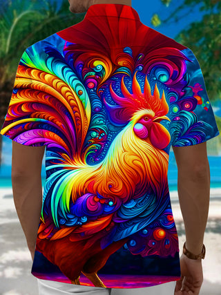 Men's colorful rooster swirl short sleeve Hawaiian shirt back view