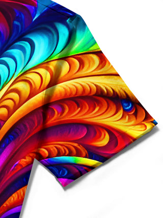Close-up of men's Hawaiian colorful rooster swirl short sleeve shirt fabric texture