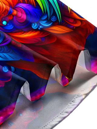 Men's colorful rooster swirl pocket Hawaiian shirt front view tropical beach vacation