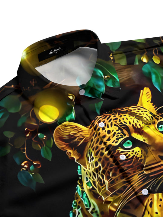 Men's golden leopard print short sleeve shirt side view