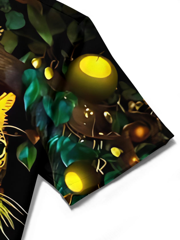 Close-up detail of men's golden leopard print short sleeve shirt with textured fabric
