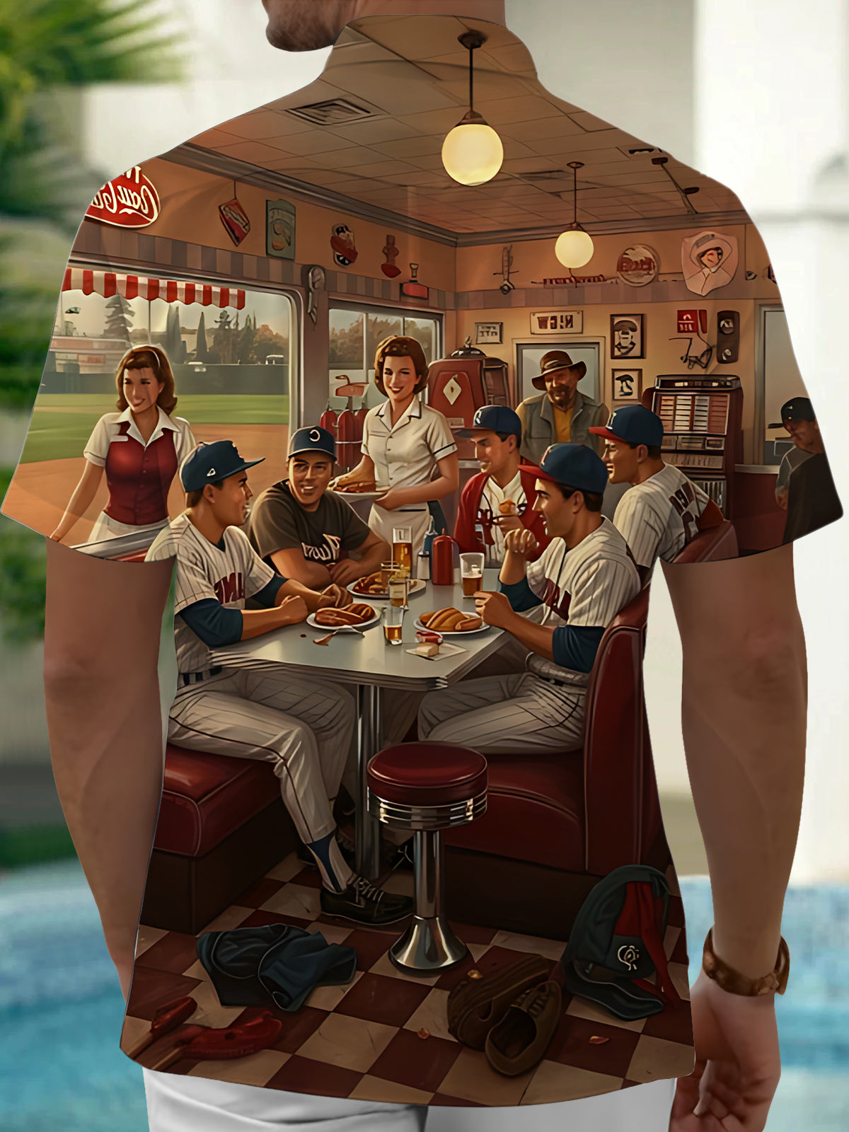 Retro Baseball Character Print Men's Pocket Short Sleeve Shirts