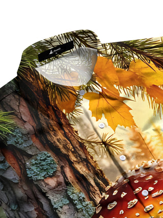 Men's autumn mushroom maple leaf print half sleeve shirt side view
