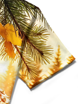 Men's mushroom maple leaf print short sleeve shirt close-up detail