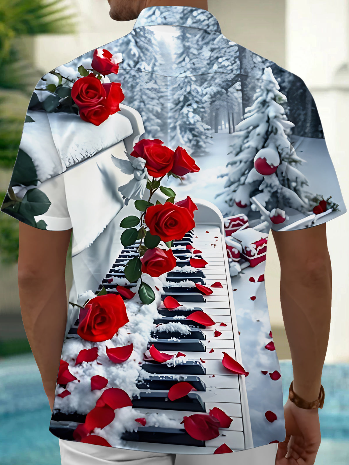 Rose Piano Snow Print Men's Pocket Short Sleeve Shirts