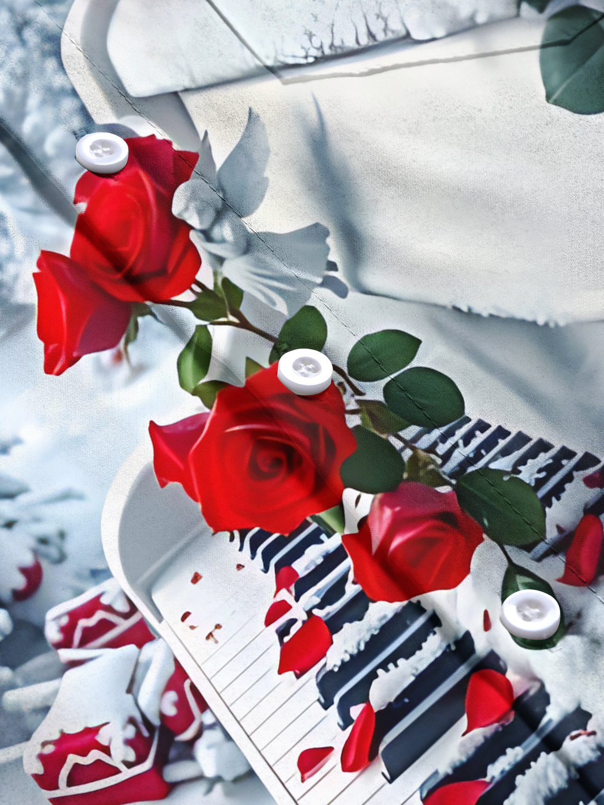 Rose Piano Snow Print Men's Pocket Short Sleeve Shirts