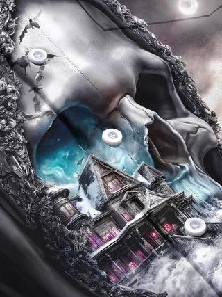 Men's flat lay view of a skull print short sleeve shirt for Halloween costume.