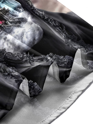 Men's skull print pocket short sleeve shirt worn in a Halloween party lifestyle scene for costume.