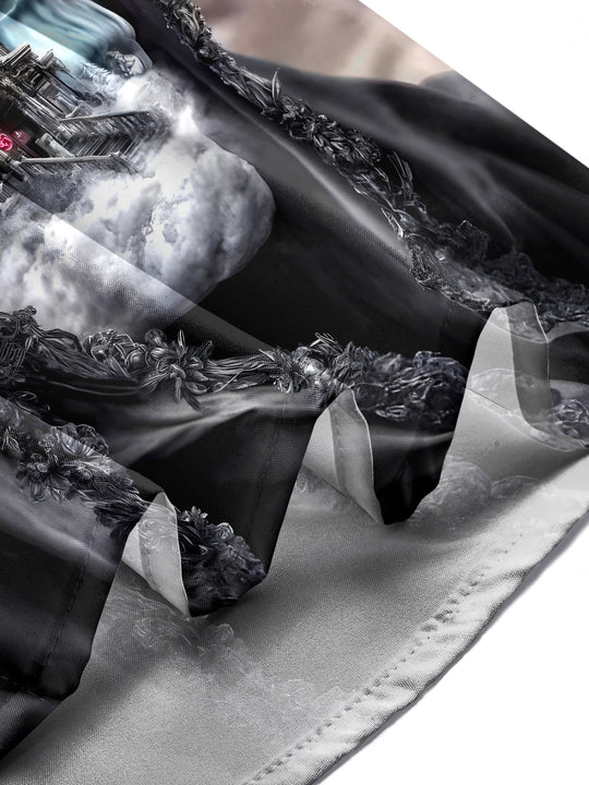 Men's skull print pocket short sleeve shirt worn in a Halloween party lifestyle scene for costume.