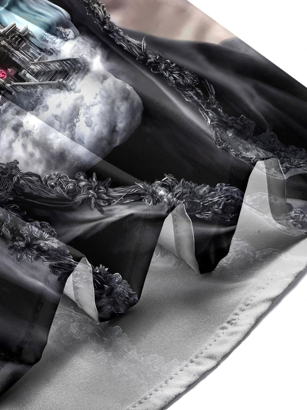 Men's skull print pocket short sleeve shirt worn in a Halloween party lifestyle scene for costume.