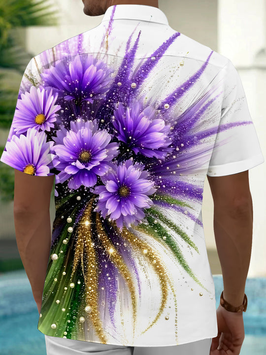 Men's floral short sleeve shirt close-up detail view