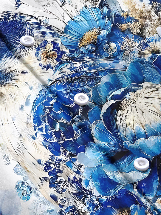 Men's eagle print floral short sleeve shirt close-up detail view
