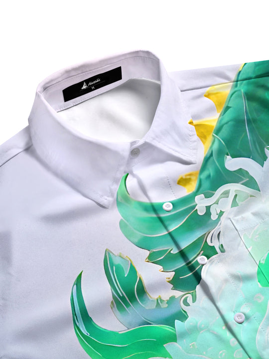 men's dragon print shirt close-up short sleeve