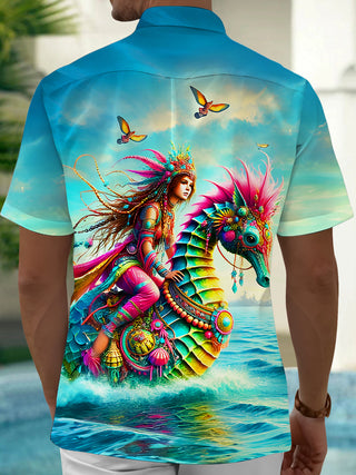 Men's blue ocean print short sleeve shirt back view