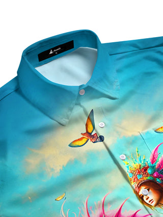 Men's short sleeve shirt with ocean print seahorse design side view
