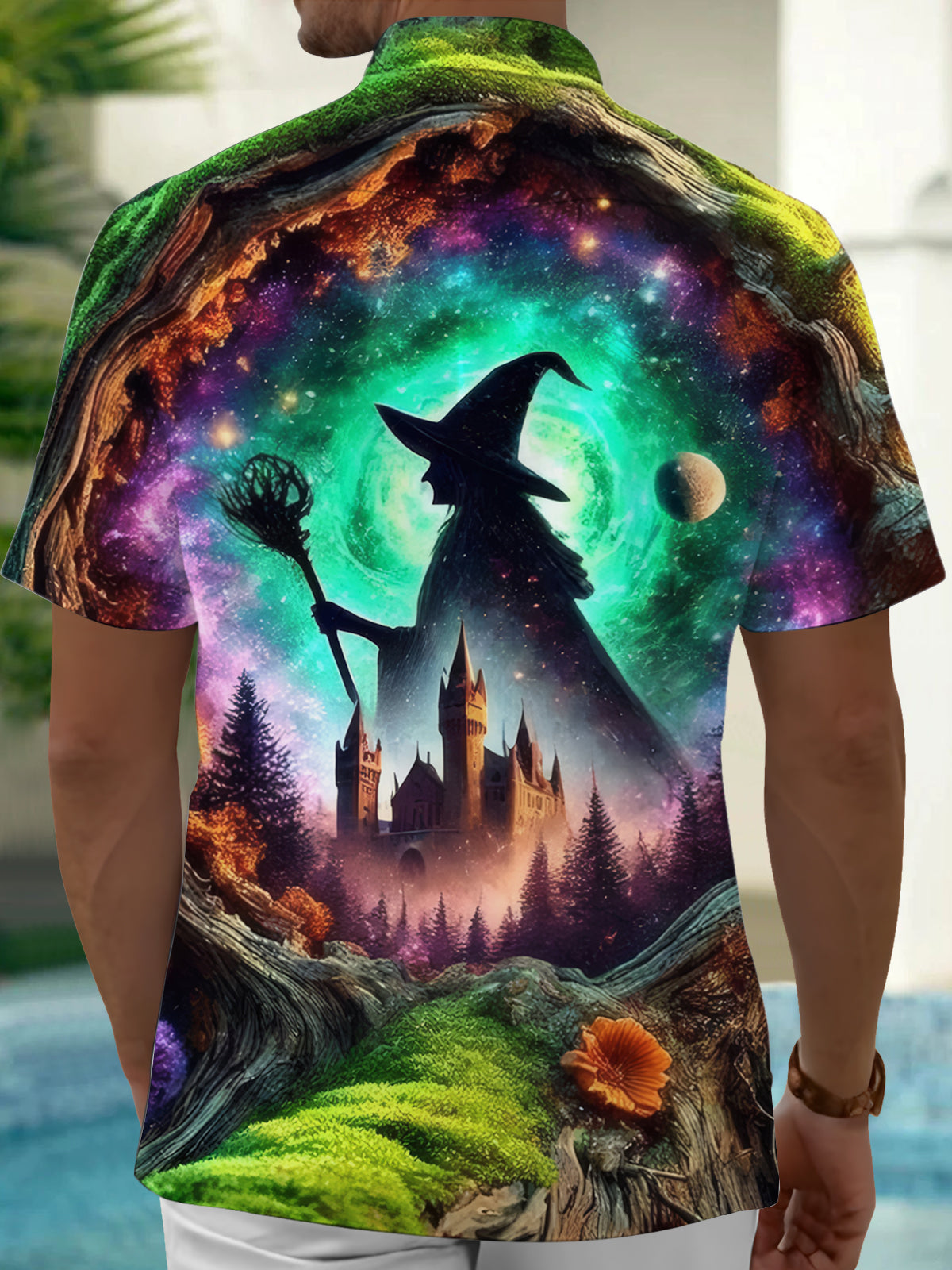 Halloween Witch Castle Print Men's Pocket Short Sleeve Shirts