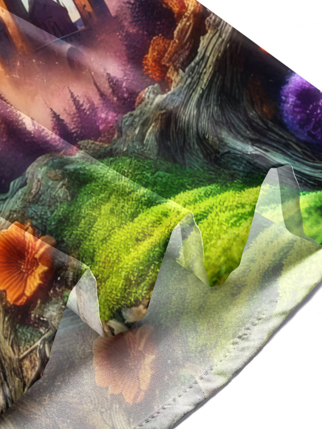 Men wearing Halloween witch castle print short sleeve shirt lifestyle shot costume