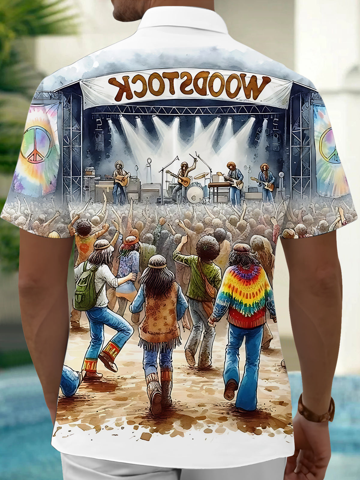 Music Festival Band Print Men's Pocket Short Sleeve Shirts