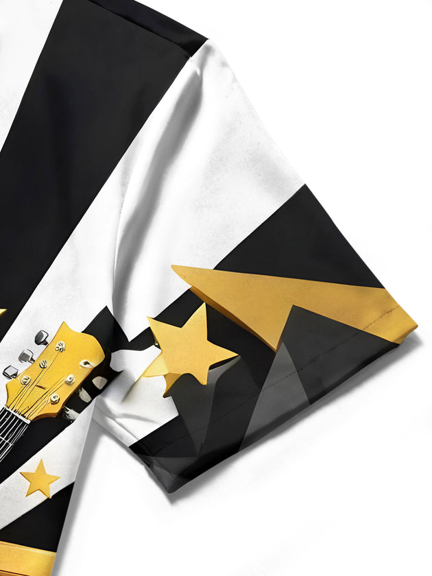 men's guitar print shirt close-up short sleeve