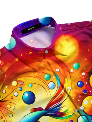 Men's vibrant multicolor fish print short sleeve shirt, side view