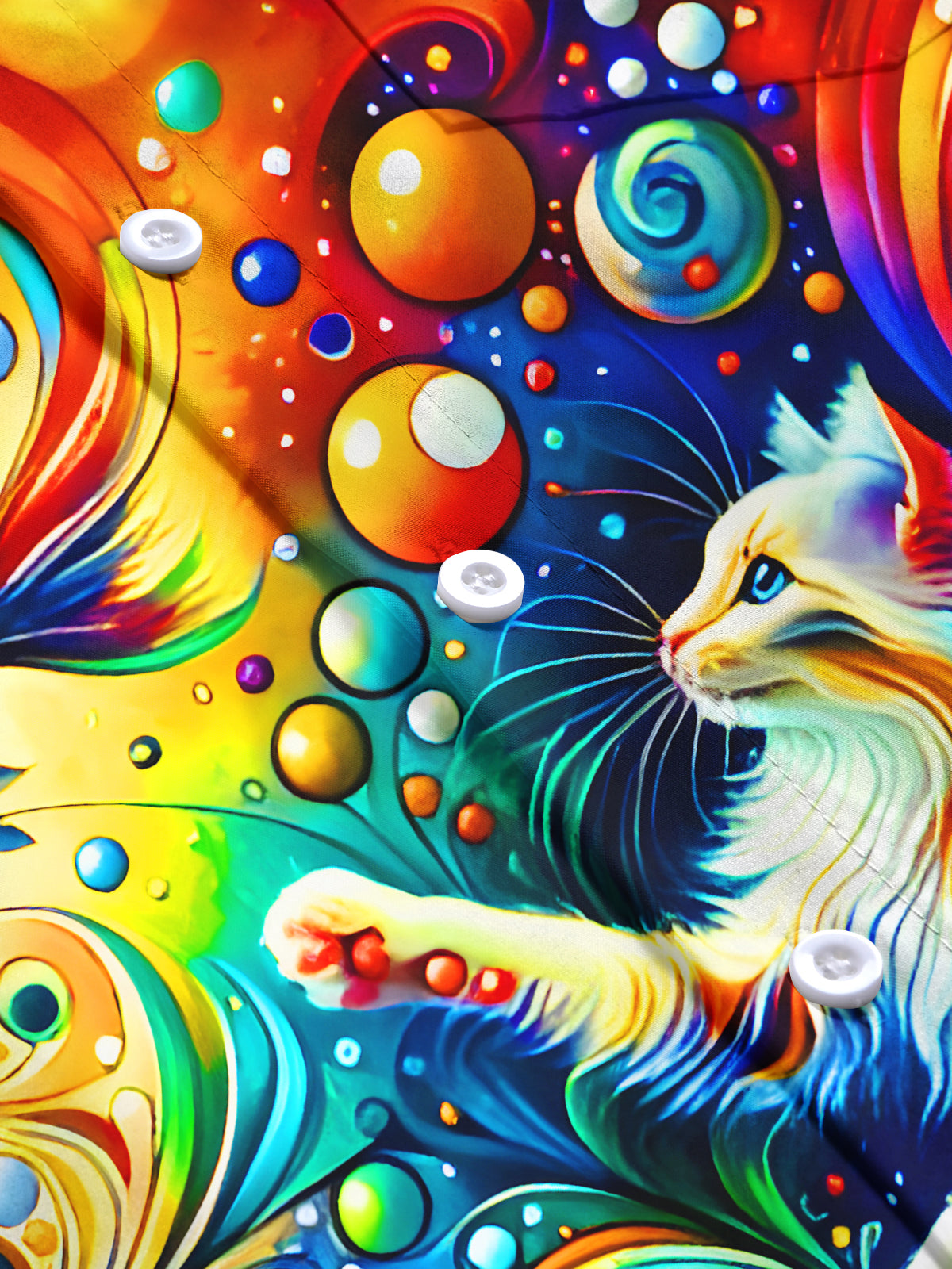 Funny Cat Catching Fish Colorful Swirl Men's Pocket Short Sleeve Shirts