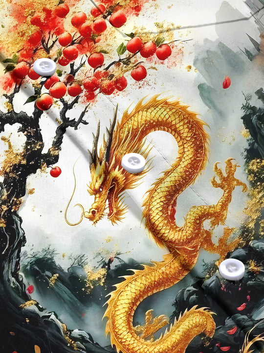 Men's short sleeve shirt with dragon print close-up detail view